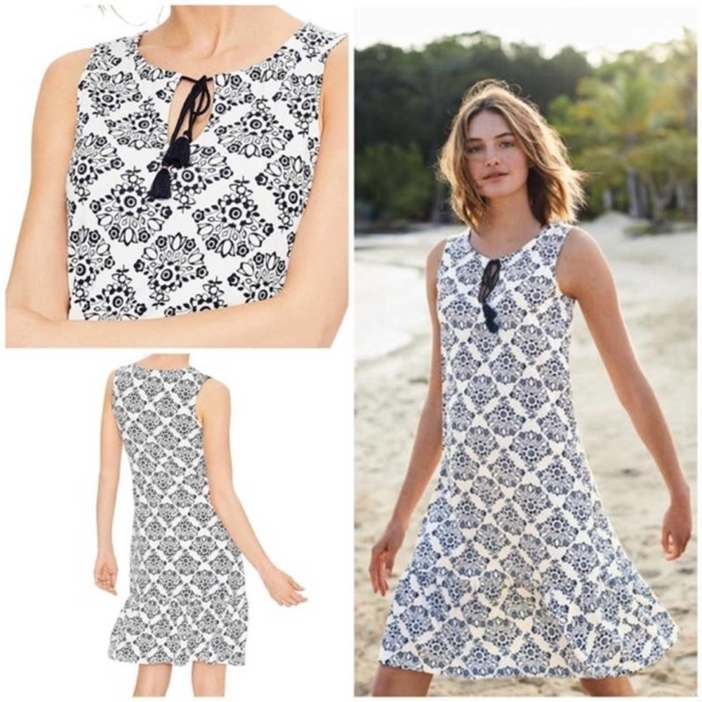 Boden Arabella Dress Tassels Tunic Ruffle White Navy Blue Knit Summer 4R
